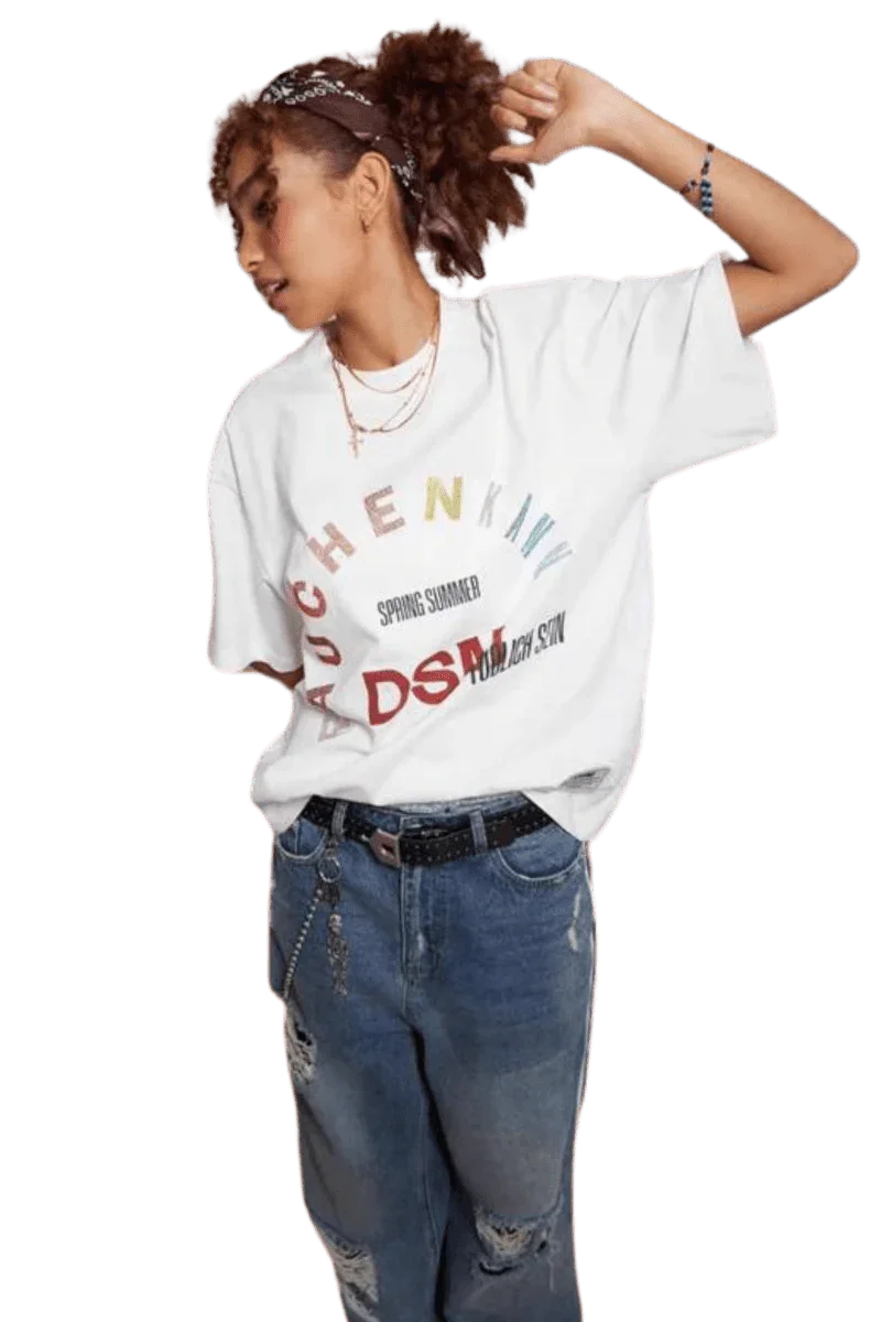 IDontSmoke SS25 Arch Logo Rhinestone Tee worn by a model with layered necklaces and distressed jeans