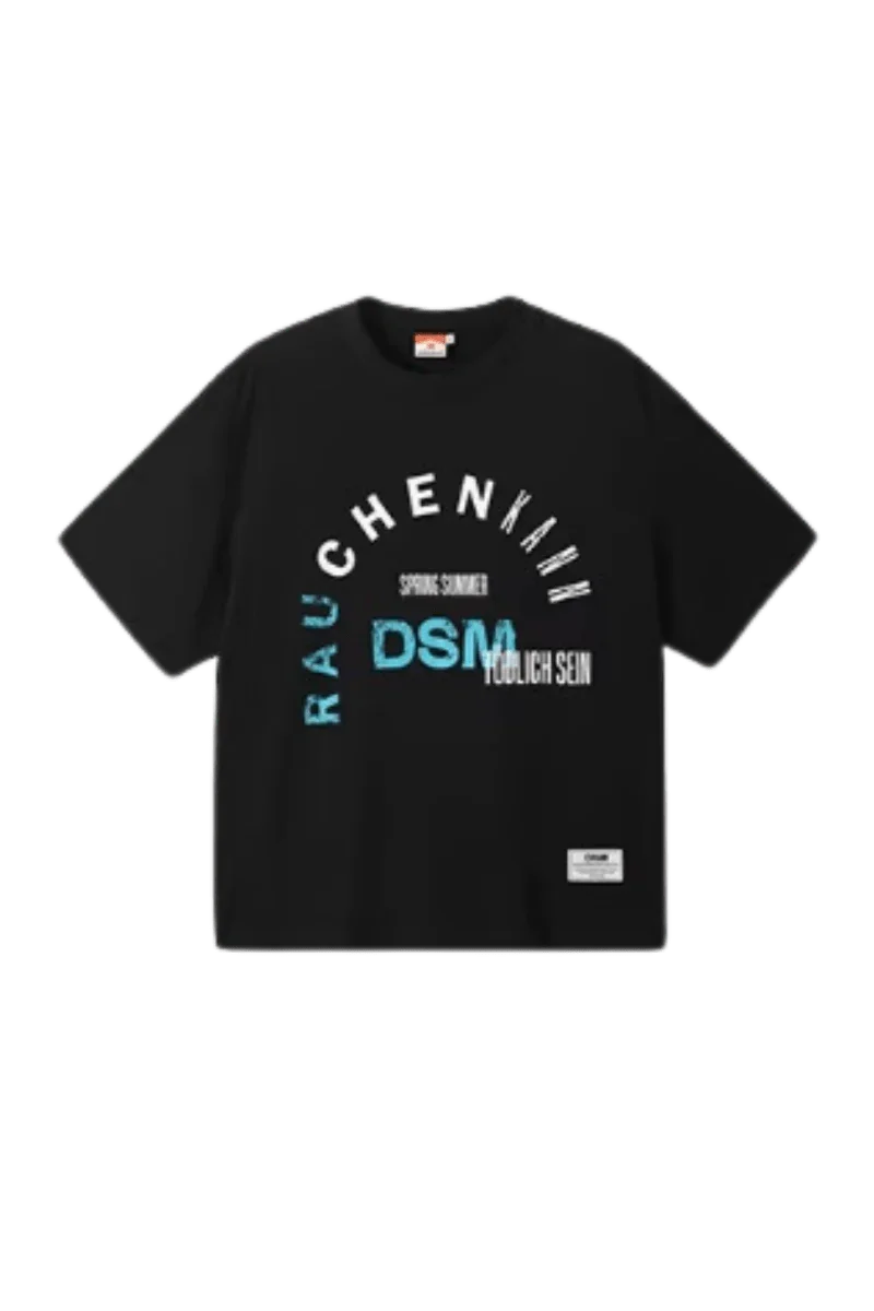 Black IDontSmoke SS25 Arch Logo Tee with multicolored graphic text and short sleeves