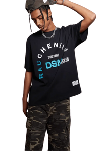 IDontSmoke SS25 Arch Logo Tee black graphic t-shirt worn with camo pants and hat