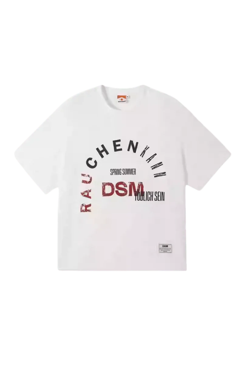 White IDontSmoke SS25 Arch Logo Tee with black and red graphic text design on front