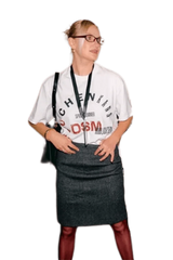 Woman wearing IDontSmoke SS25 Arch Logo Tee white graphic t-shirt paired with a dark skirt and glasses