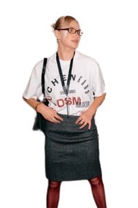 Woman wearing IDontSmoke SS25 Arch Logo Tee white graphic t-shirt paired with a dark skirt and glasses