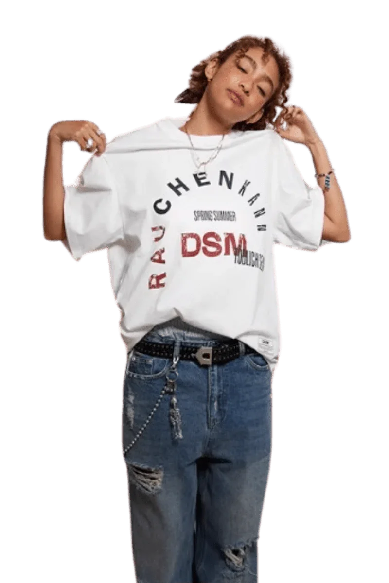 Model wearing IDontSmoke SS25 Arch Logo Tee white graphic oversized t-shirt with text design