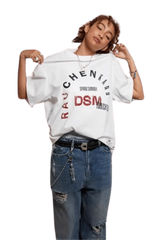 Model wearing IDontSmoke SS25 Arch Logo Tee white graphic oversized t-shirt with text design