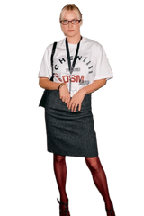 Woman wearing IDontSmoke SS25 Arch Logo Tee white graphic t-shirt styled with gray skirt and red tights