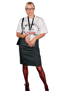 Woman wearing IDontSmoke SS25 Arch Logo Tee white graphic t-shirt styled with gray skirt and red tights