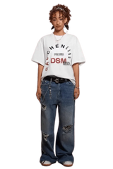 IDontSmoke SS25 Arch Logo Tee white oversized T-shirt with graphic print worn with ripped jeans