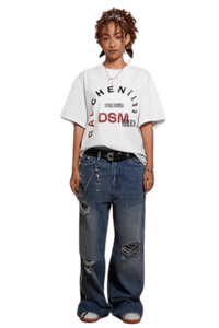 IDontSmoke SS25 Arch Logo Tee white oversized T-shirt with graphic print worn with ripped jeans