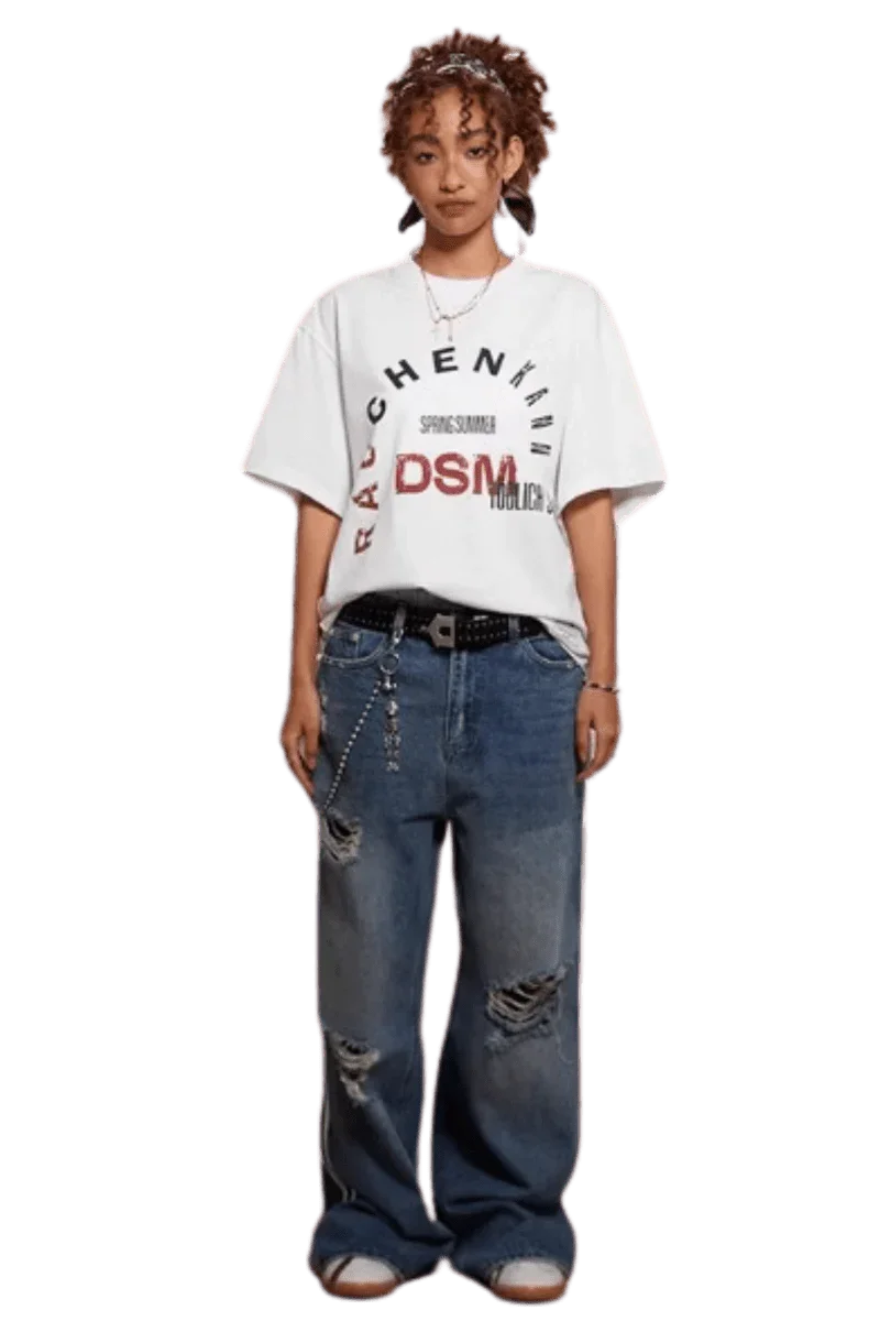 IDontSmoke SS25 Arch Logo Tee white oversized T-shirt with graphic print worn with ripped jeans