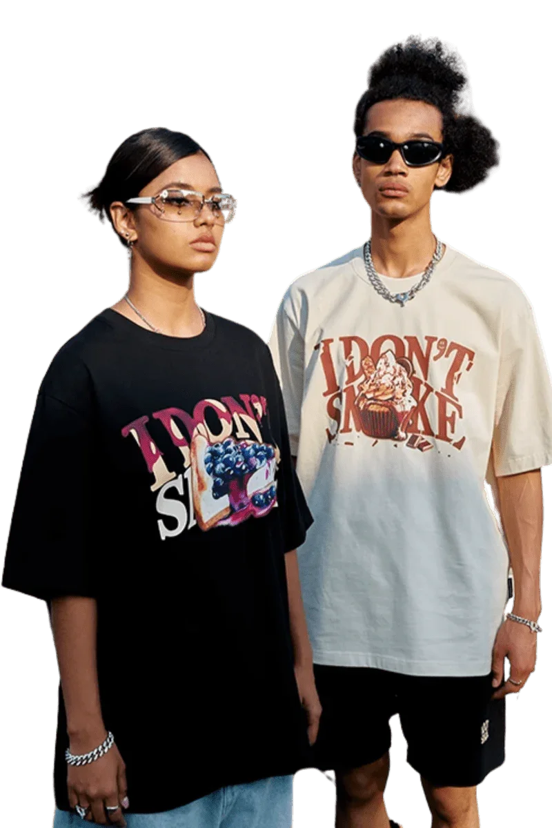 Two models wearing IDontSmoke Street Picnic Series Tee in black and white with graphic designs