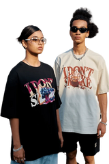 Two models wearing IDontSmoke Street Picnic Series Tee in black and white with graphic designs