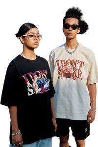 Two models wearing IDontSmoke Street Picnic Series Tee in black and white with graphic designs