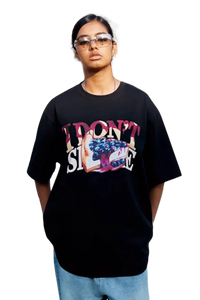 Black IDontSmoke Street Picnic Series Tee featuring colorful graphic design worn by model with sunglasses