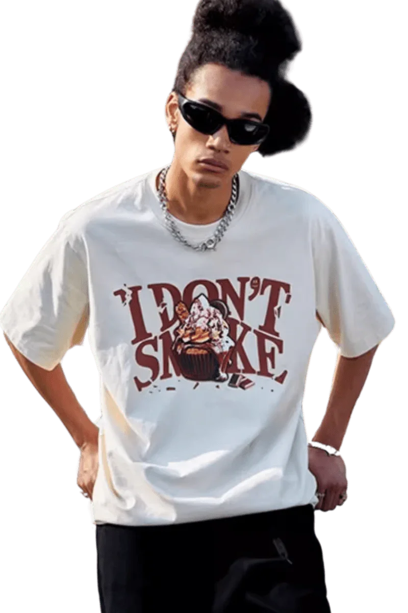 Model wearing white IDontSmoke Street Picnic Series Tee with graphic print and chain necklace