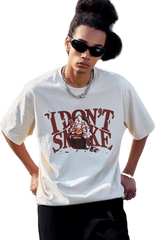 Model wearing white IDontSmoke Street Picnic Series Tee with graphic print and chain necklace