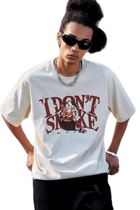 Model wearing white IDontSmoke Street Picnic Series Tee with graphic print and chain necklace