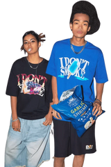 Two models wearing IDontSmoke Street Picnic Series Tee in black and blue with graphic prints