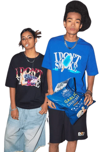 Two models wearing IDontSmoke Street Picnic Series Tee in black and blue with graphic prints