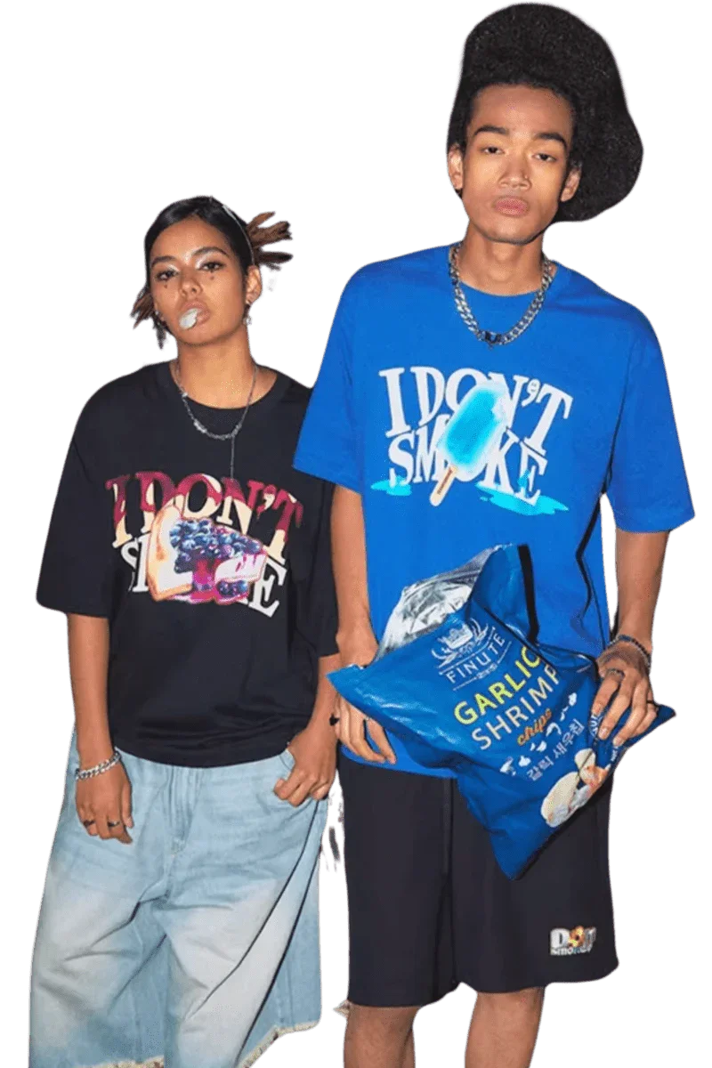 Two models wearing IDontSmoke Street Picnic Series Tee in black and blue with graphic prints