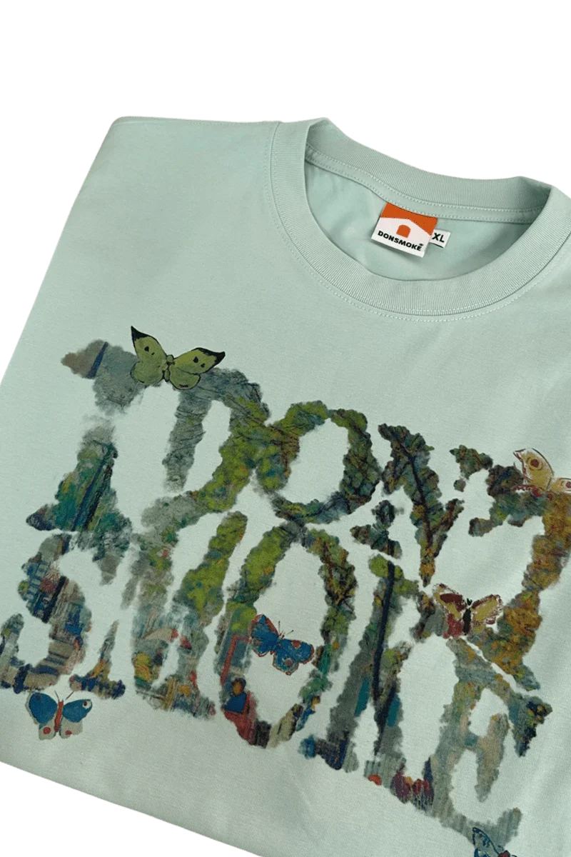 IDontSmoke light green leaf oil painting t-shirt with colorful butterfly and leaf art design