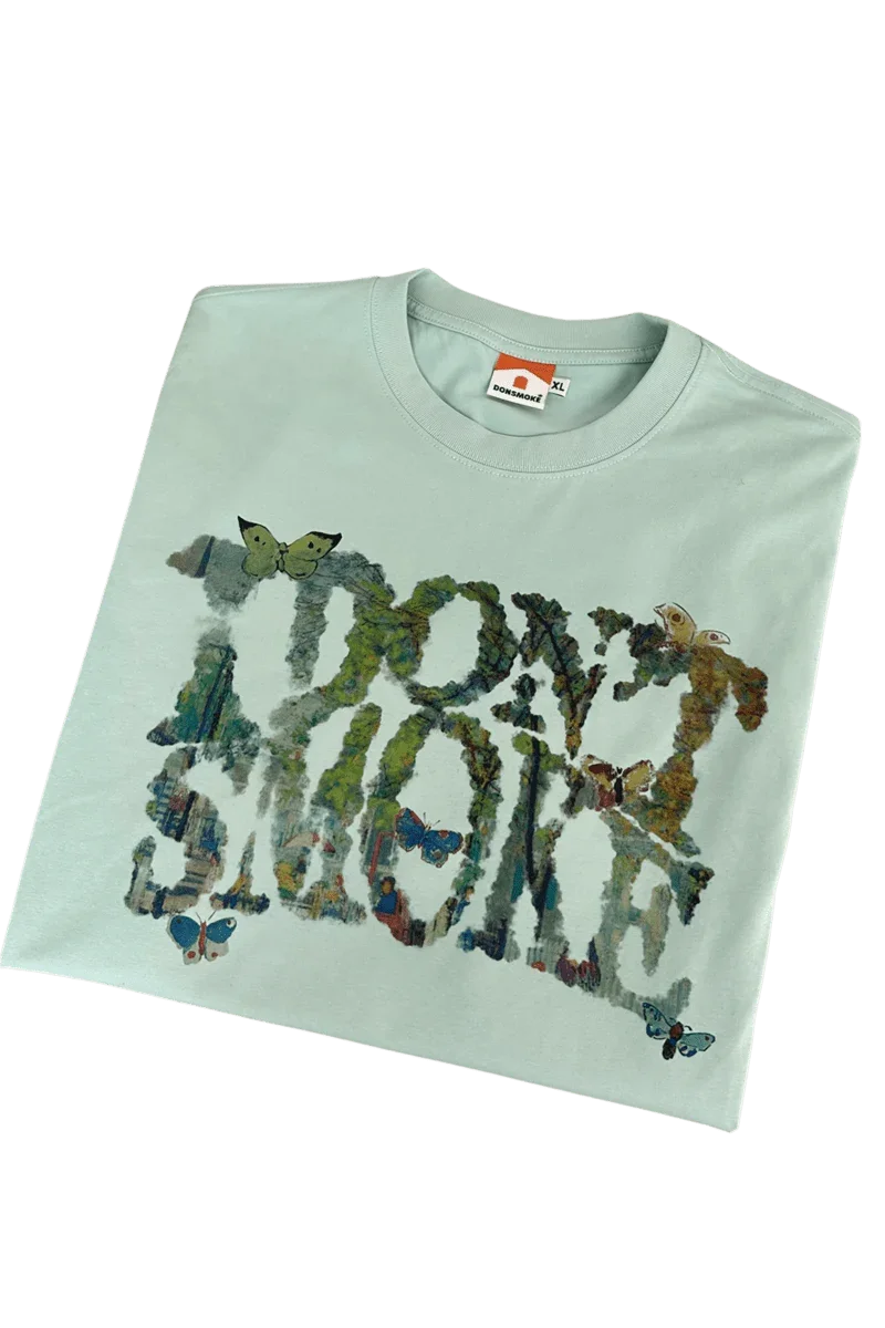 IDontSmoke leaf oil painting t-shirt in light color with artistic leaf and butterfly design text