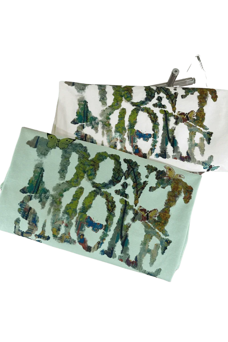 IDontSmoke leaf oil painting t-shirt in white and light green with textured nature-inspired design