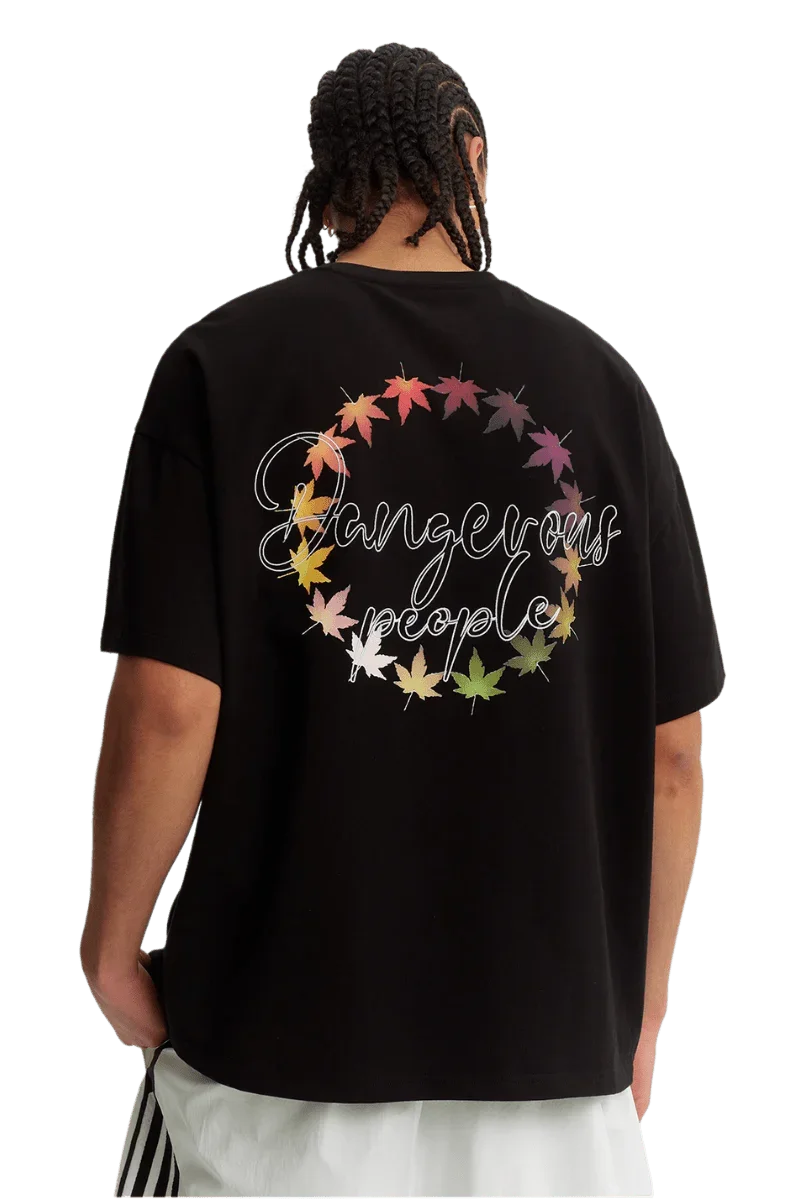 Black Maple Leaf Embroidery Tee by Dangerous People featuring multicolor leaf design on the back