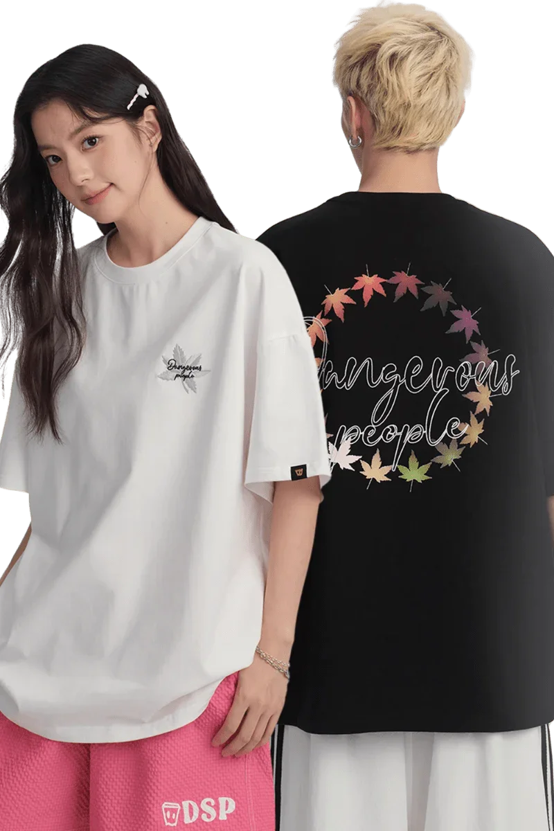Dangerous People Maple Leaf Embroidery Tee in white and black with oversized fit and stylish design