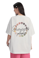 White Maple Leaf Embroidery Tee by Dangerous People featuring a colorful leaf design on the back