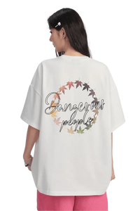 White Maple Leaf Embroidery Tee by Dangerous People featuring a colorful leaf design on the back