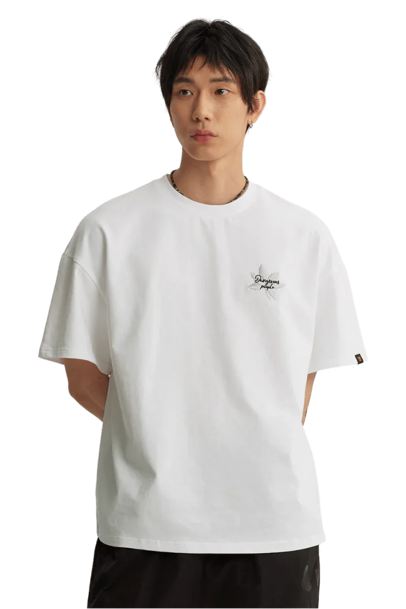 White Maple Leaf Embroidery Tee from Dangerous People featuring a relaxed fit and stylish design