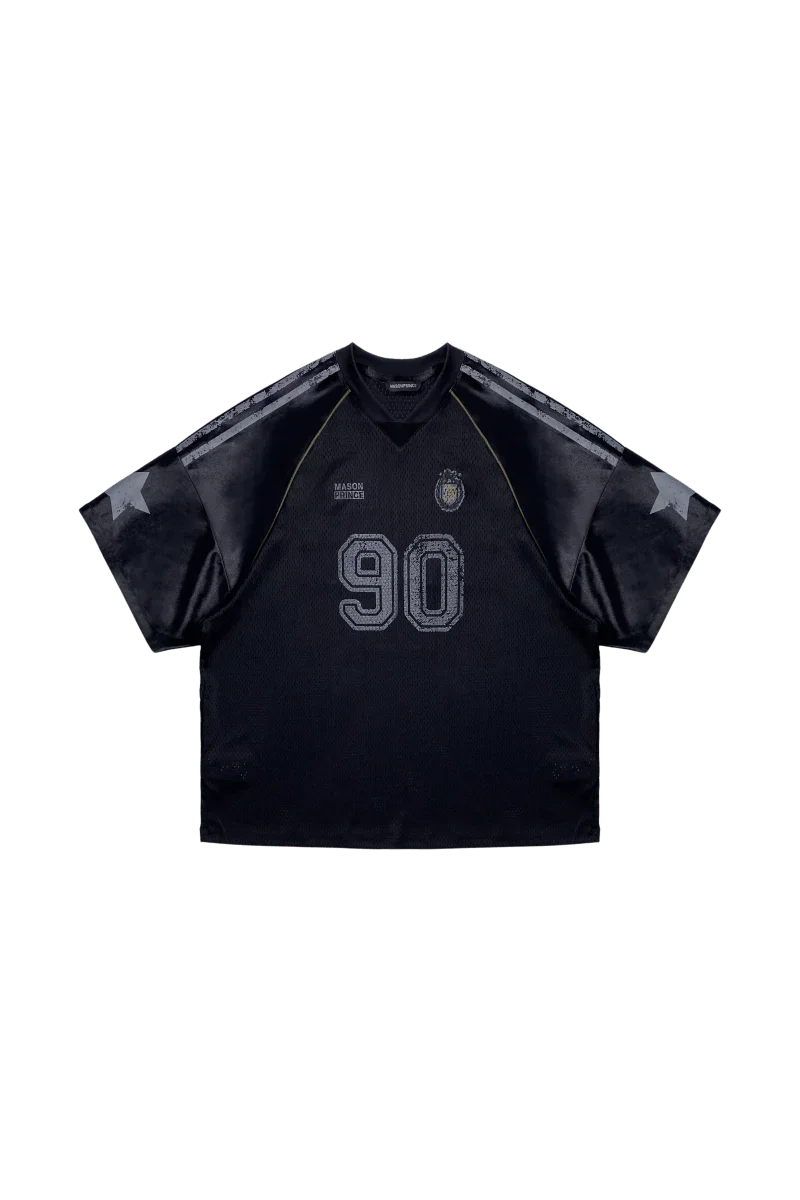 Masonprince 90s star mesh tee in black with number 90 and star details on sleeves