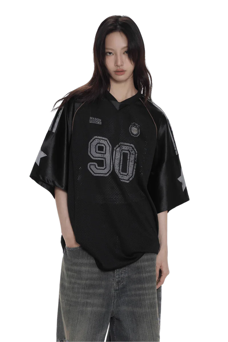Masonprince 90s star mesh tee in black with oversized fit and star details on sleeves