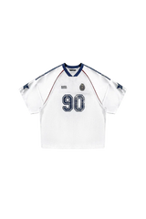 Masonprince 90s star mesh tee white short sleeve jersey with navy blue stars and number 90