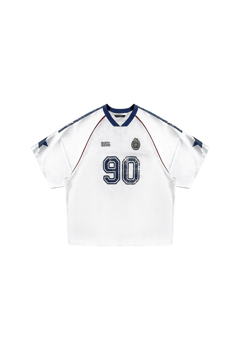 Masonprince 90s star mesh tee white short sleeve jersey with navy blue stars and number 90