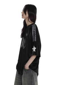Masonprince 90s star mesh tee black oversized shirt with star and stripe sleeve design