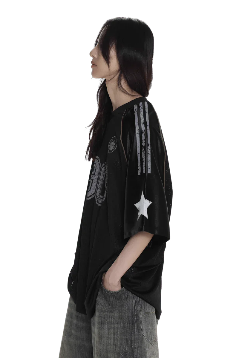 Masonprince 90s star mesh tee black oversized shirt with star and stripe sleeve design