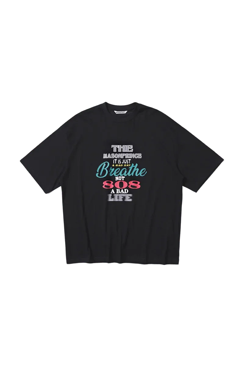 Black Masonprince 808 Breathe Tee with multicolor text graphic design on front