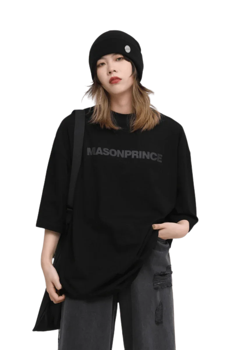 Masonprince Basic Logo Tee in black worn by model with relaxed fit and casual style