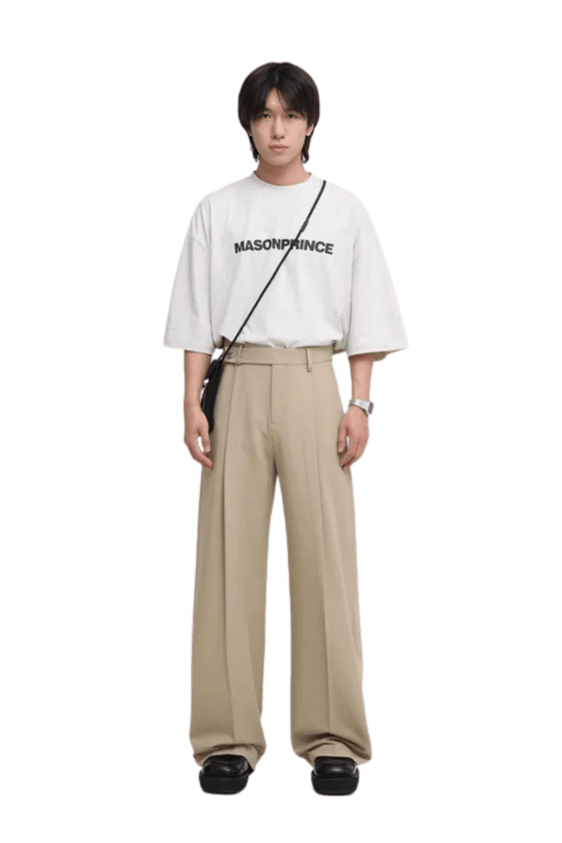 Masonprince Basic Logo Tee in White, styled with relaxed trousers for a trendy outfit