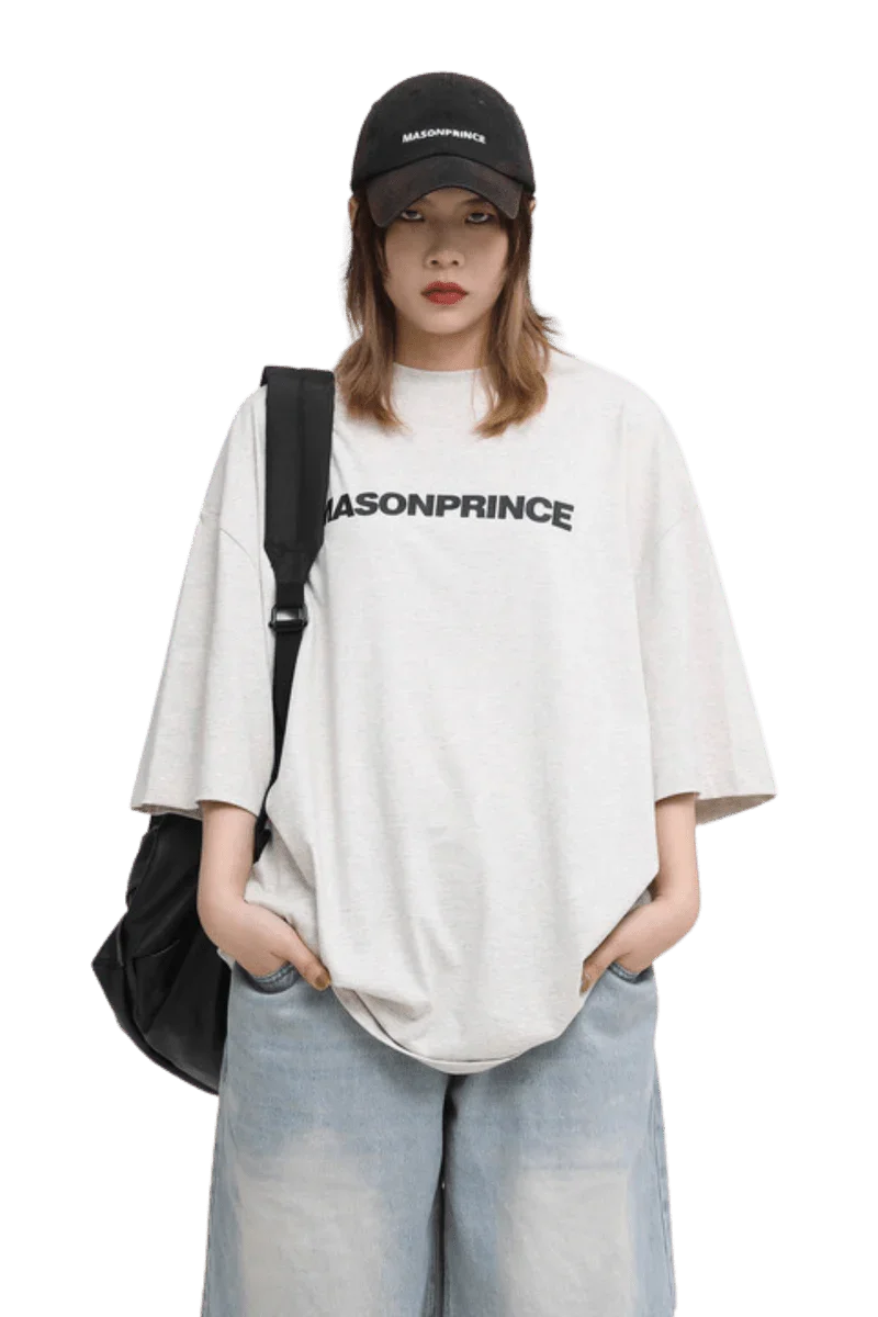 Masonprince Basic Logo Tee in Light Gray with a Relaxed Fit and Oversized Sleeves