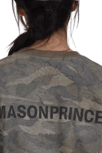 Back view of Masonprince camouflage tee with green and gray camo pattern and Masonprince logo print
