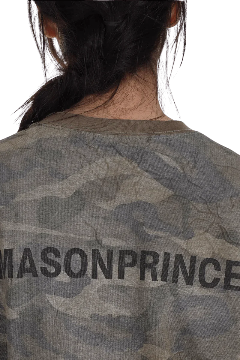 Back view of Masonprince camouflage tee with green and gray camo pattern and Masonprince logo print