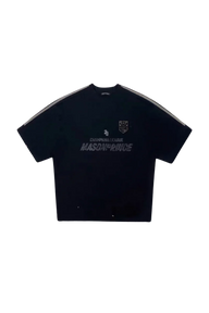 Masonprince Champion League Tee in black with graphic logo and stripe detail on sleeves