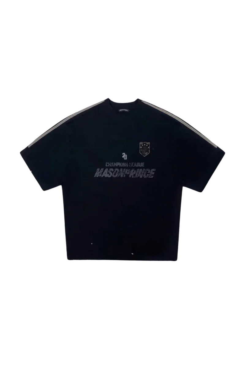 Masonprince Champion League Tee in black with graphic logo and stripe detail on sleeves