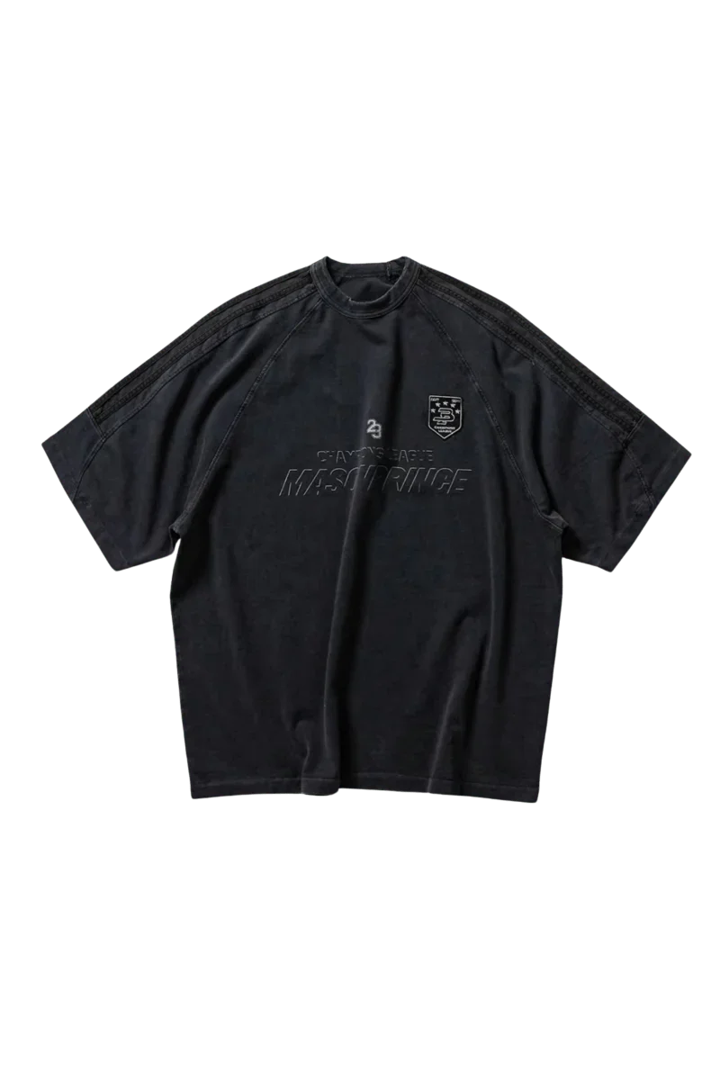 Masonprince Champion League Tee in Black Featuring Stylish Emblem Design and Oversized Fit