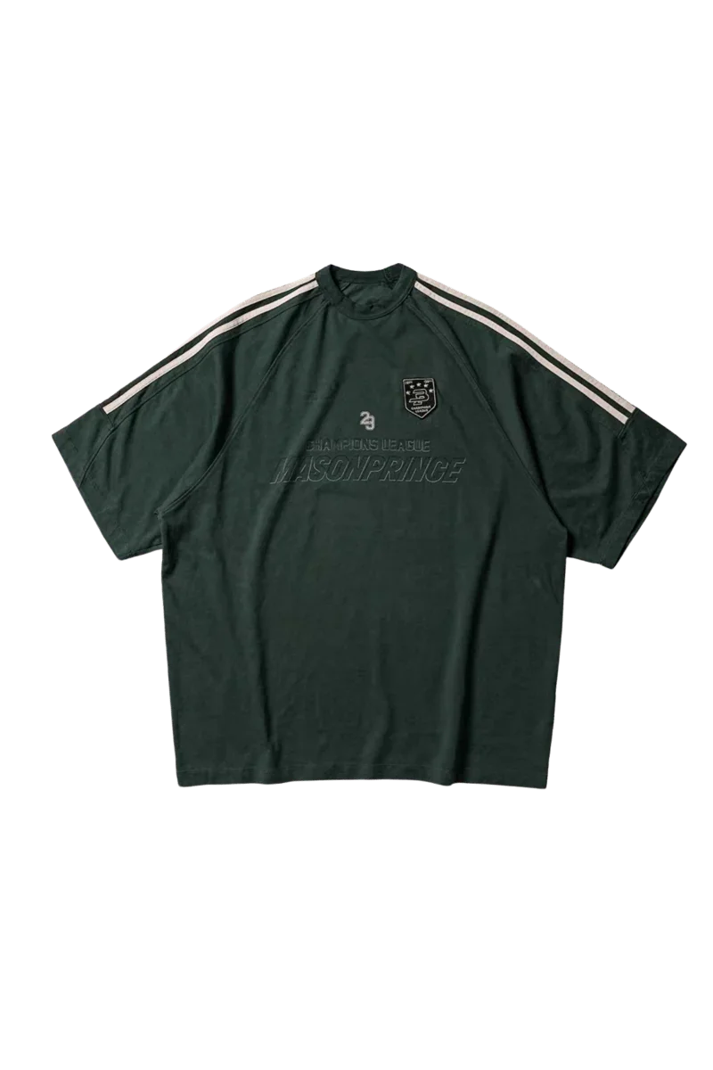 Masonprince Champion League Tee in dark green with white stripes and logo for casual wear