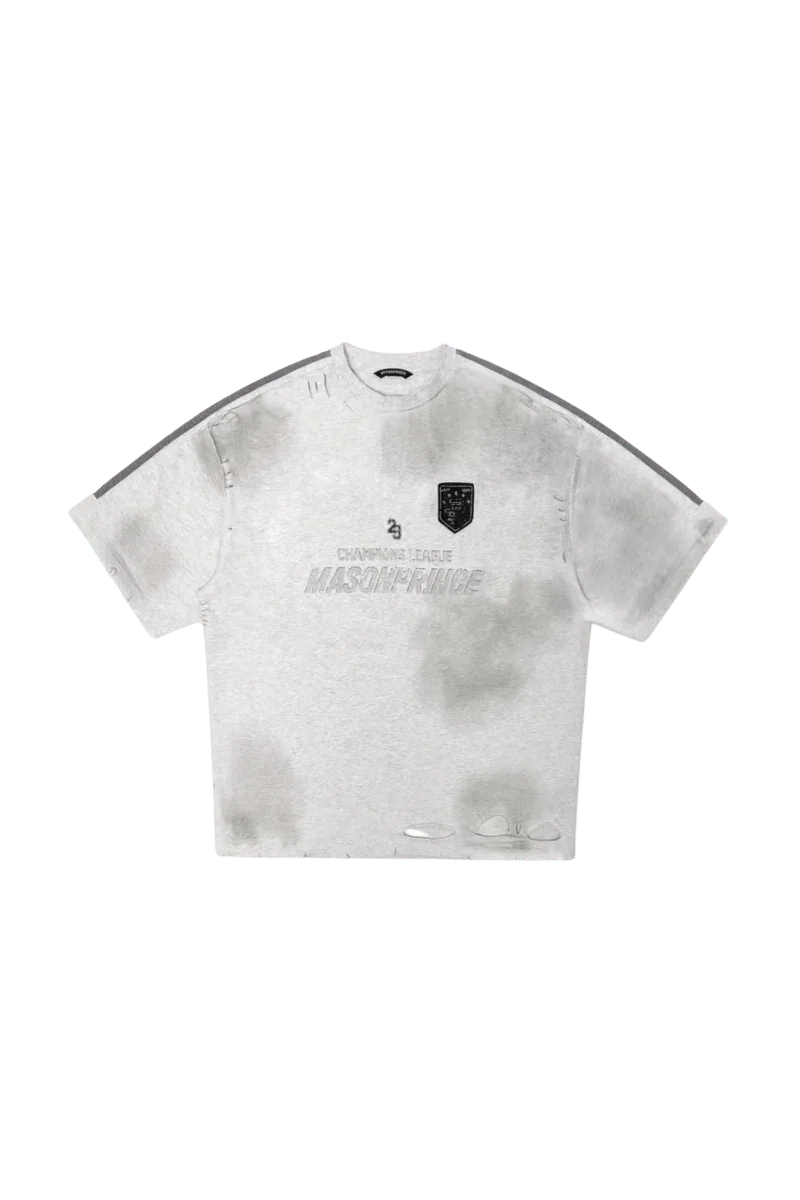 Masonprince Champion League Tee in light gray with a black emblem and distressed details