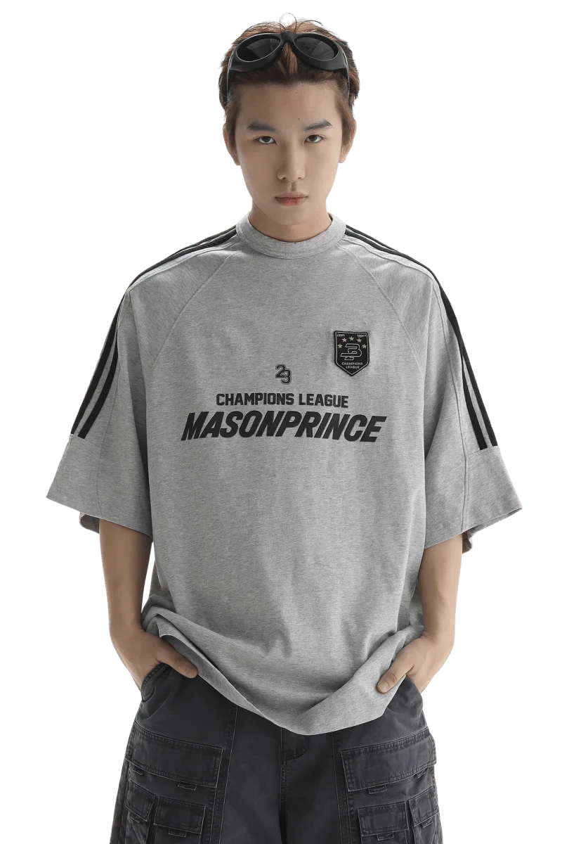 Gray Masonprince Champion League Tee featuring a sporty design and oversized fit