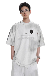 Masonprince Champion League Tee white oversized distressed t-shirt with black emblem worn by model